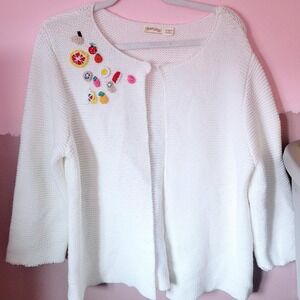 Vintage Faded Glory White Knit Cardigan Sweater Fruit Appliques XL 16/18 Y2K 90S